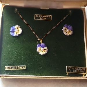 Vintage Porcelain Pansey Jewelery set by Creed